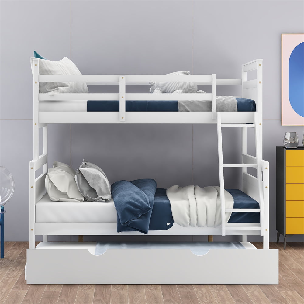 Twin Over Full Bunk Bed, Solid Wood Bed Frame with Trundle, Ladder and Safety Guardrail for Kids Guest Room Bed (White)