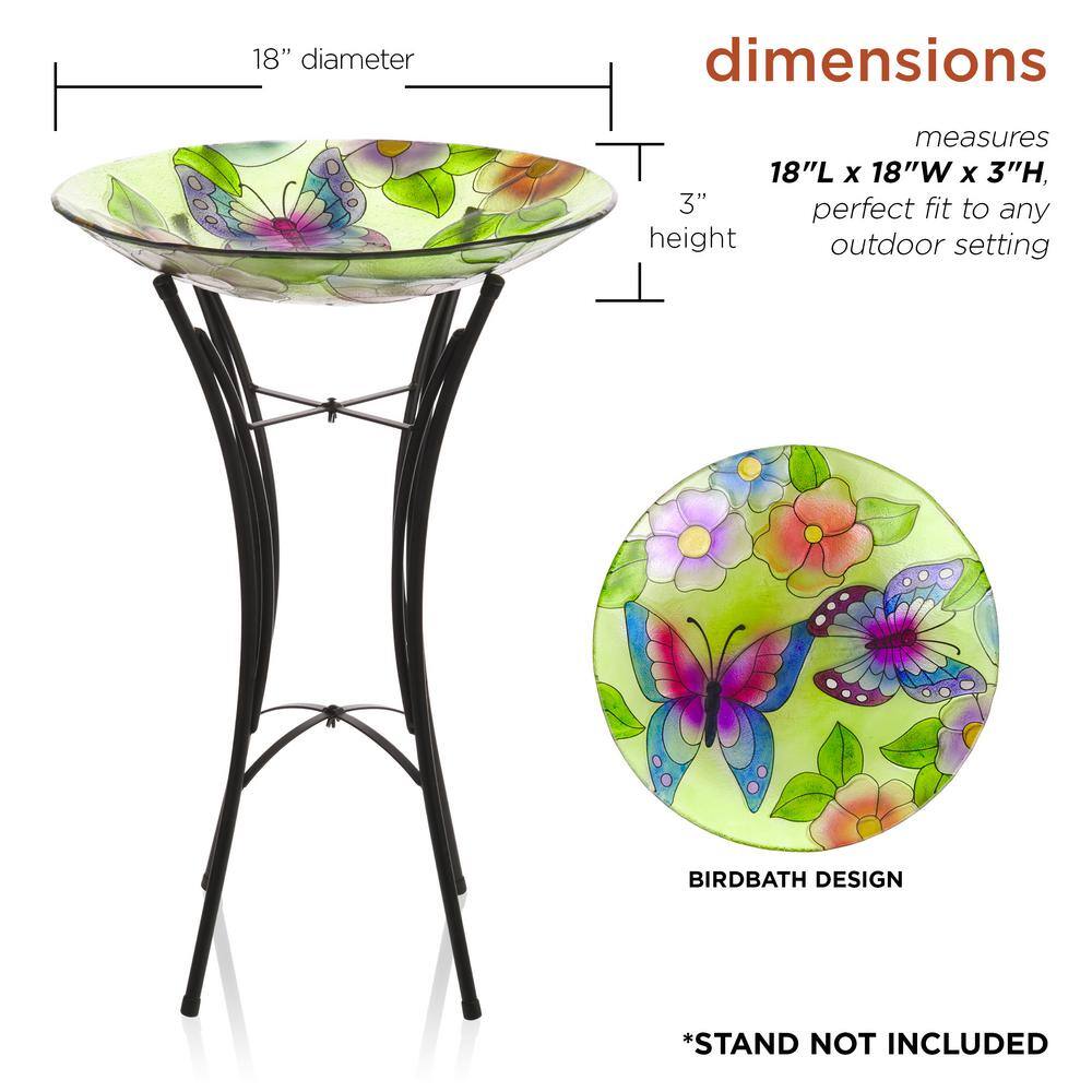 Alpine Corporation 18 in. Round Outdoor Birdbath Bowl Topper with Painted Purple Butterfly and Floral Design KPP612T-18