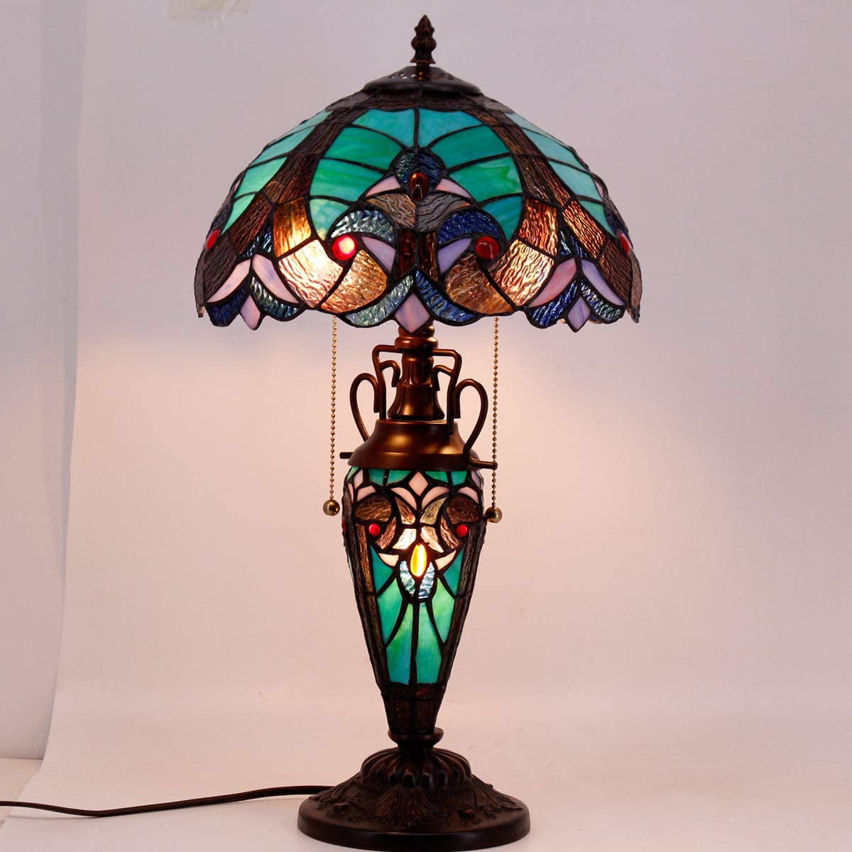 GEDUBIUBOO  Style Table Lamp Green Stained Glass Liaison Lamp 12X12X22 Inches Mother-Daughter Vase Desk Reading Light Decor Bedroom Living Room  Office S160G Series