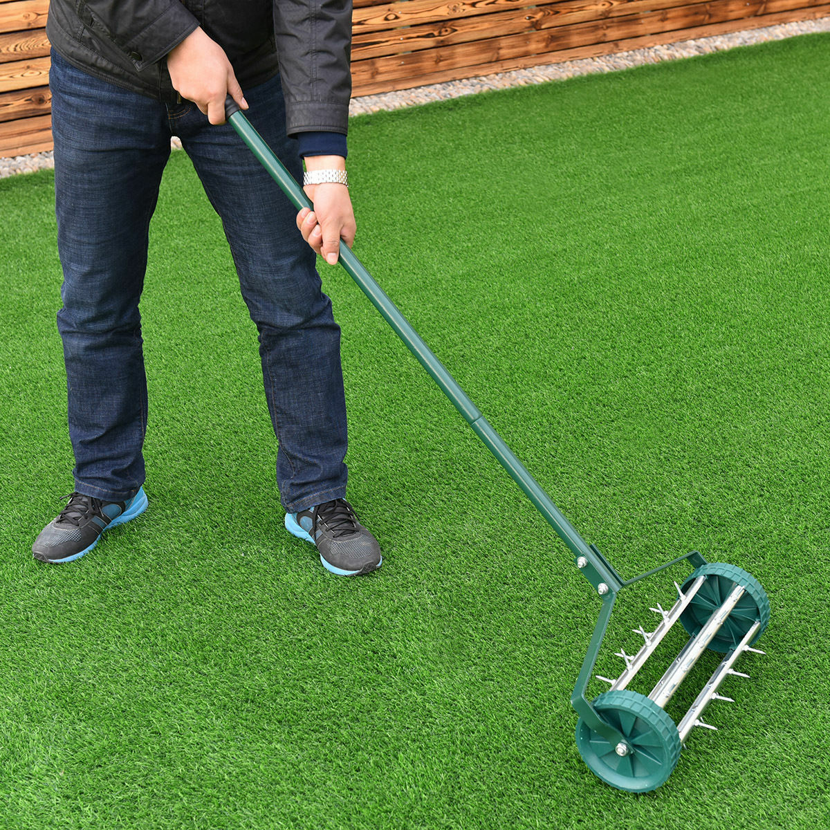 Heavy Duty Rolling Garden Lawn Aerator Roller with Steel Handle - Perfect for Home Grass Maintenance