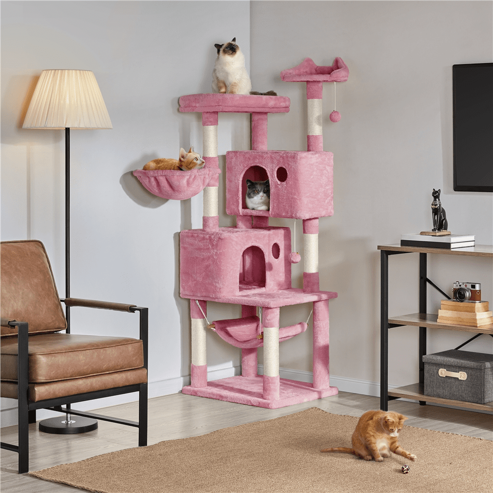 Easyfashion 64'' Multi-level Cat Tree Cat Tower with Condos and Scratching Posts， Pink