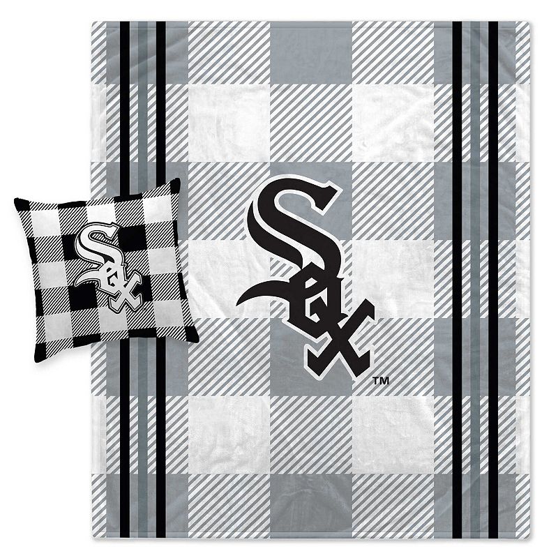 Pegasus Chicago White Sox Gray Plaid Stripes Blanket and Pillow Combo Set