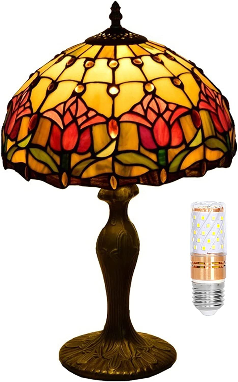 SHADY  Lamp Stained Glass Lamp Red Tulip Bedroom Table Lamp Reading Desk Light for Bedside Living Room Office Dormitory Dining Room Decorate  12x12x18 Include Light Bulb
