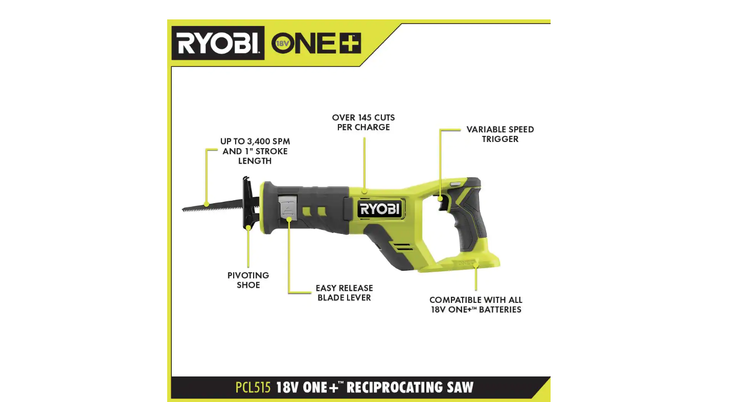RYOBI PCL515B ONE+ 18V Cordless Reciprocating Saw (Tool Only)