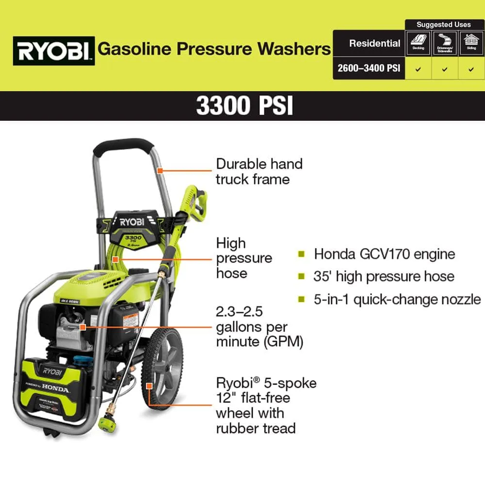 RYOBI 3300 PSI 2.5 GPM Cold Water Gas Pressure Washer with Honda GCV200 Engine RY803325