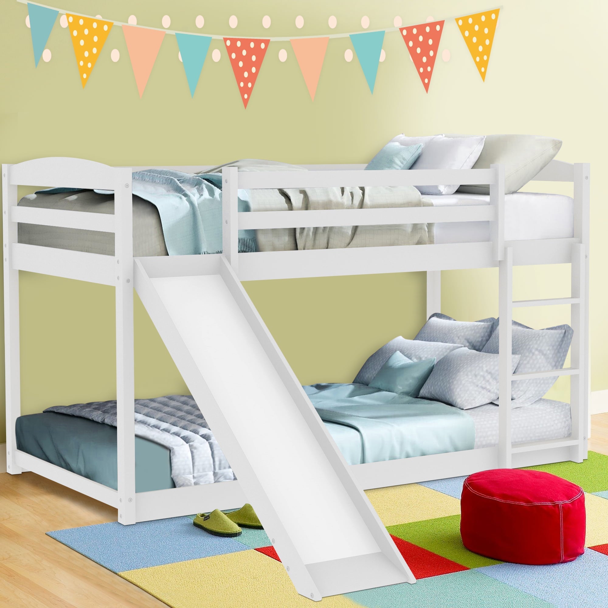 Sesslife Wood Floor Bunk Bed with Convertible Slide and Ladder for Boys Girls Toddlers, White Twin Over Twin Bunk Bed for Home Children’s Room, TE850