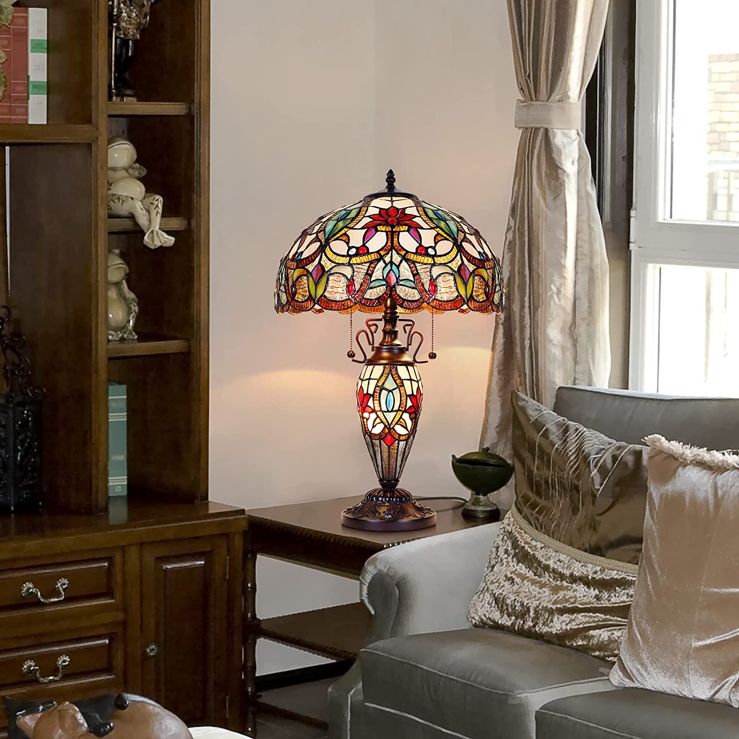 MOOVIEW  Lamp Night Light Stained Glass  Table Lamp 24\u2019\u2019 Tall Vintage Living Room Bedroom  Office Bedside Reading Lamp 3 LED Bulb Included  Orange Christmas Gift