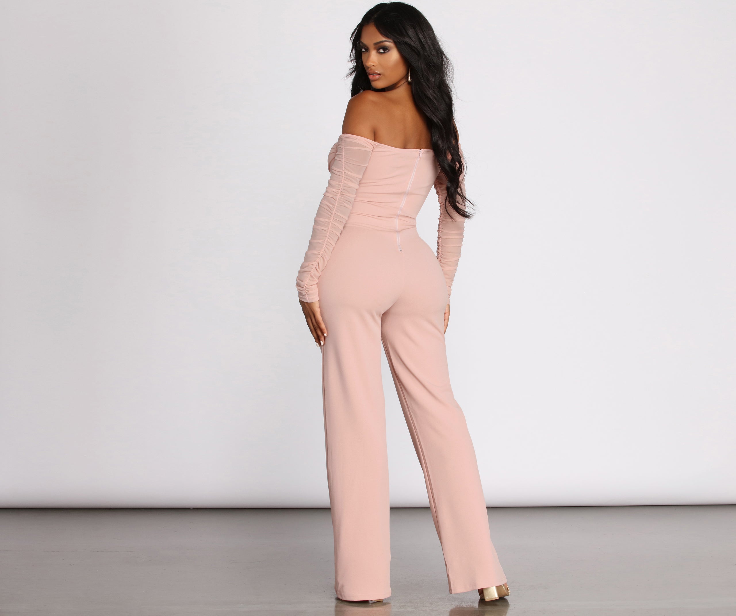 At The Ready Ruched Off Shoulder Jumpsuit