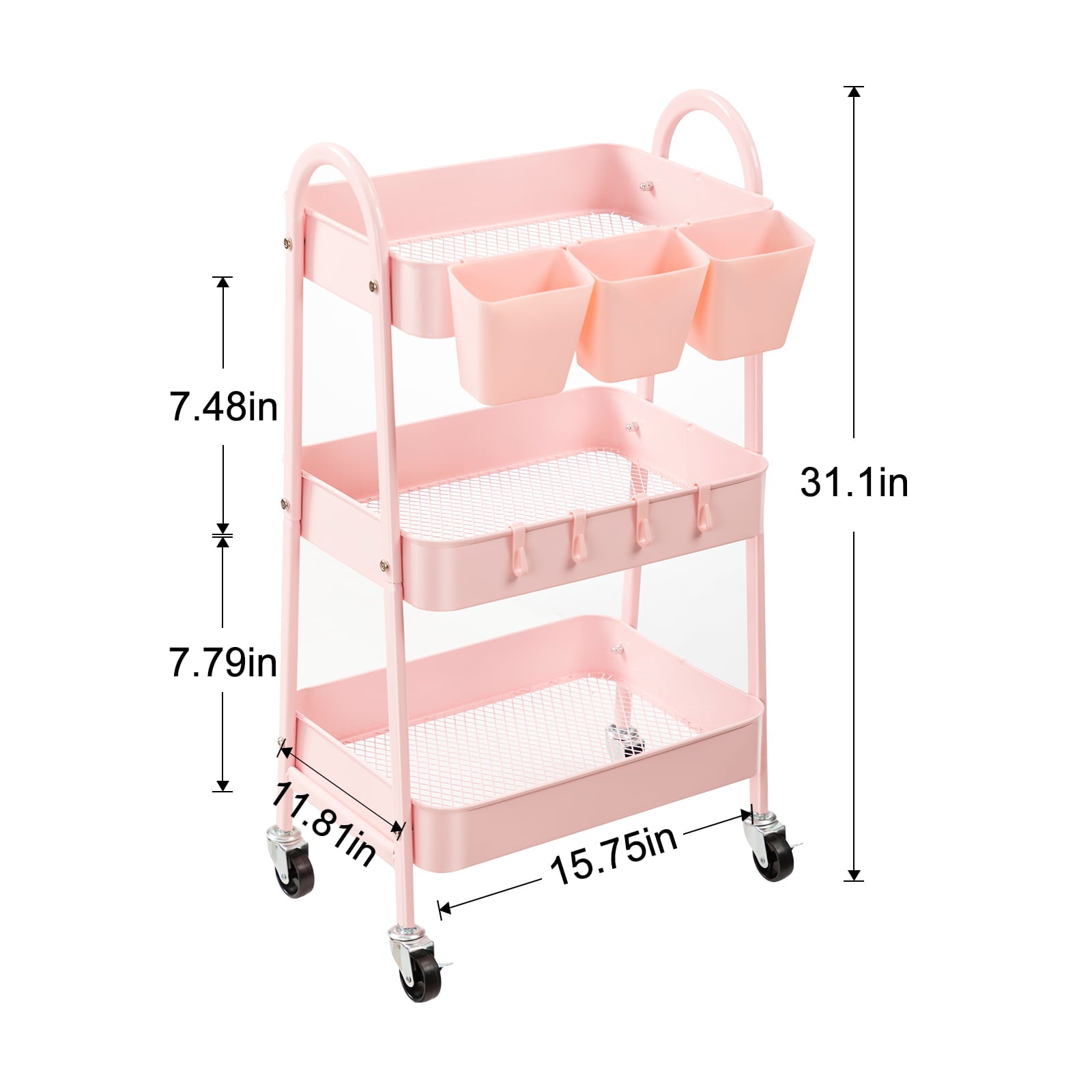 3-Tier Metal Rolling Utility Storage Cart with Lockable Wheels and Ergonomic Handles and Hanging Cups， Multifuctional Trolley Cart for Sitting Room， Bathroom， Kitchen， Study， Pink