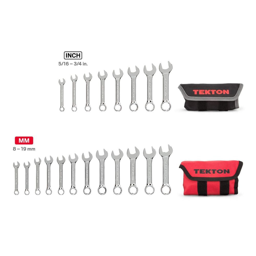 TEKTON WCB94601 Stubby Combination Wrench Set， 20-Piece (5/16-3/4 in.， 8-19 mm) - Pouch