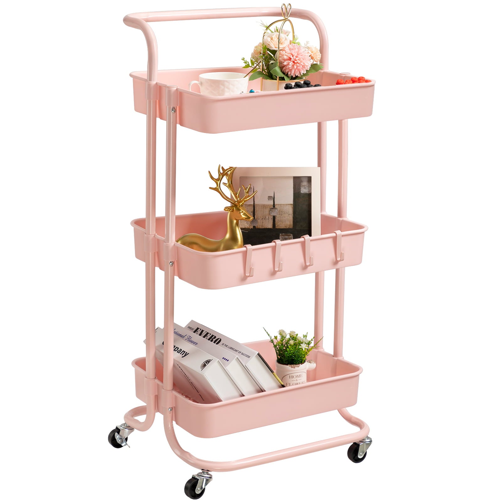 3-Tier Rolling Storage Organizer Cart with Handle and Lockable Wheels， Utility Trolly Cart for Kitchen， Sitting Room， Bathroom， Study， Pink