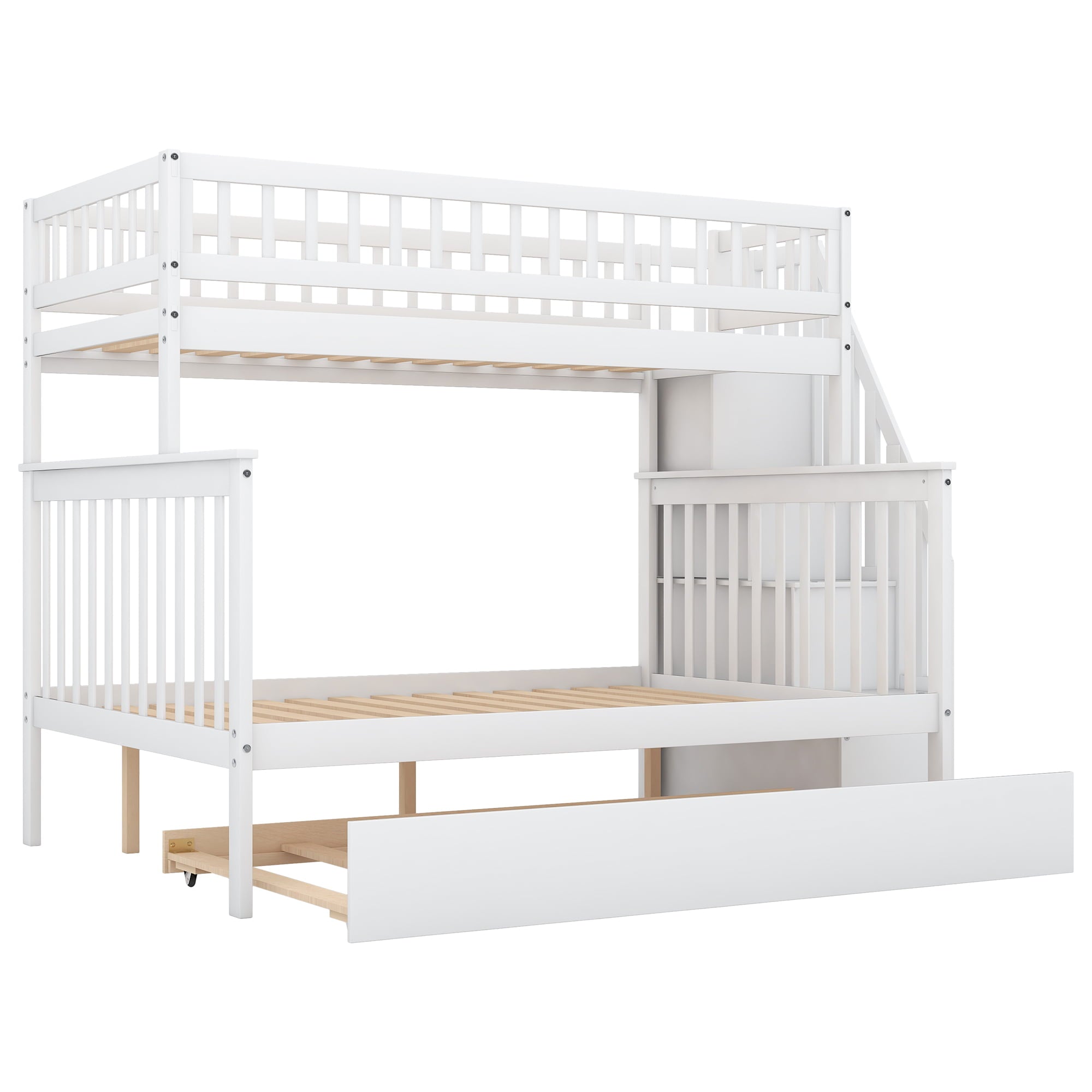 Euroco Twin Over Full Bunk Bed with Trundle and Stairs for Kids, White