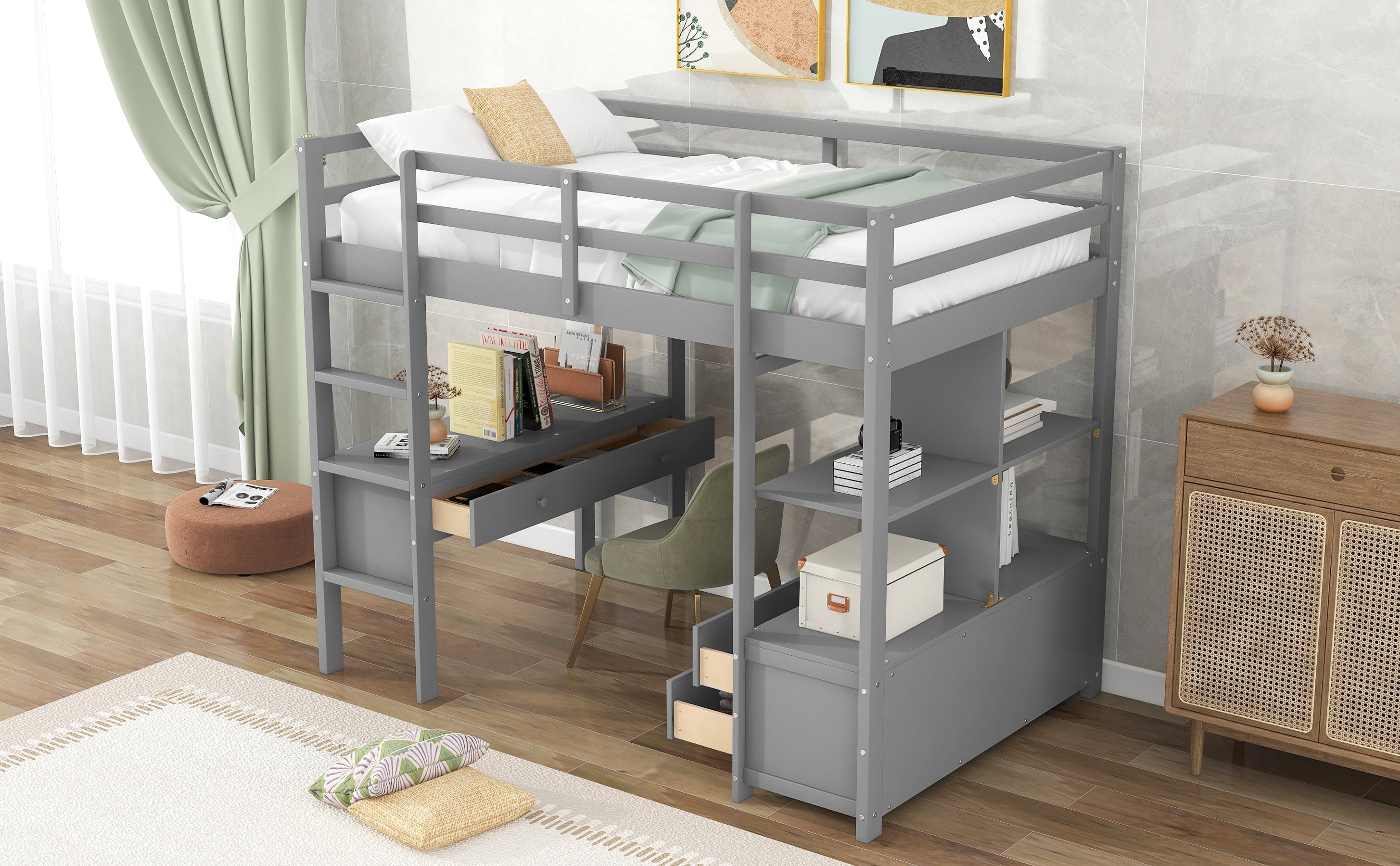 Twin Size Wood Loft Bed with Desk, Drawers and Shelf for Kids Room, Gray