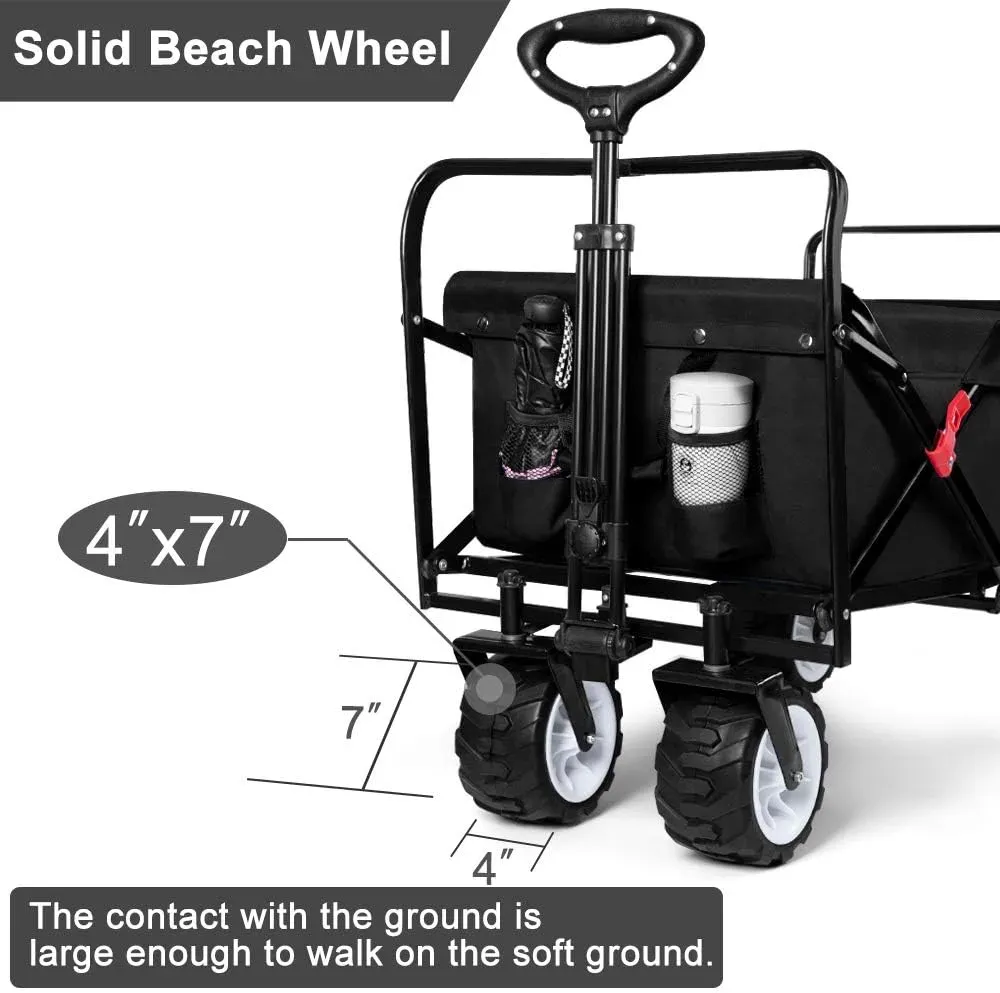 Folding Beach Wagon Cart 300 Pound Capacity Collapsible Utility Camping Grocery Canvas Portable Rolling Outdoor Garden Sport Heavy Duty Shopping Wide All Terrain Wheel Black BG377