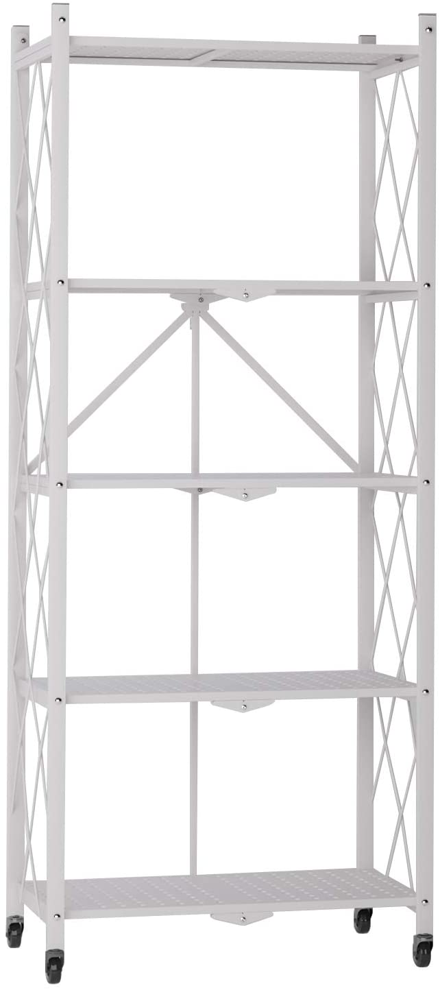 SogesPower Foldable Metal Standing Shelf 5 Tiers Storage Rack with Wheels， Easy Moving Cart， White