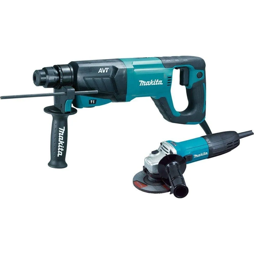Makita 8 Amp 1 in. Corded SDS-Plus Concrete/Masonry AVT Rotary Hammer Drill with 4-1/2 in. Corded Angle Grinder with Hard Case HR2641X1