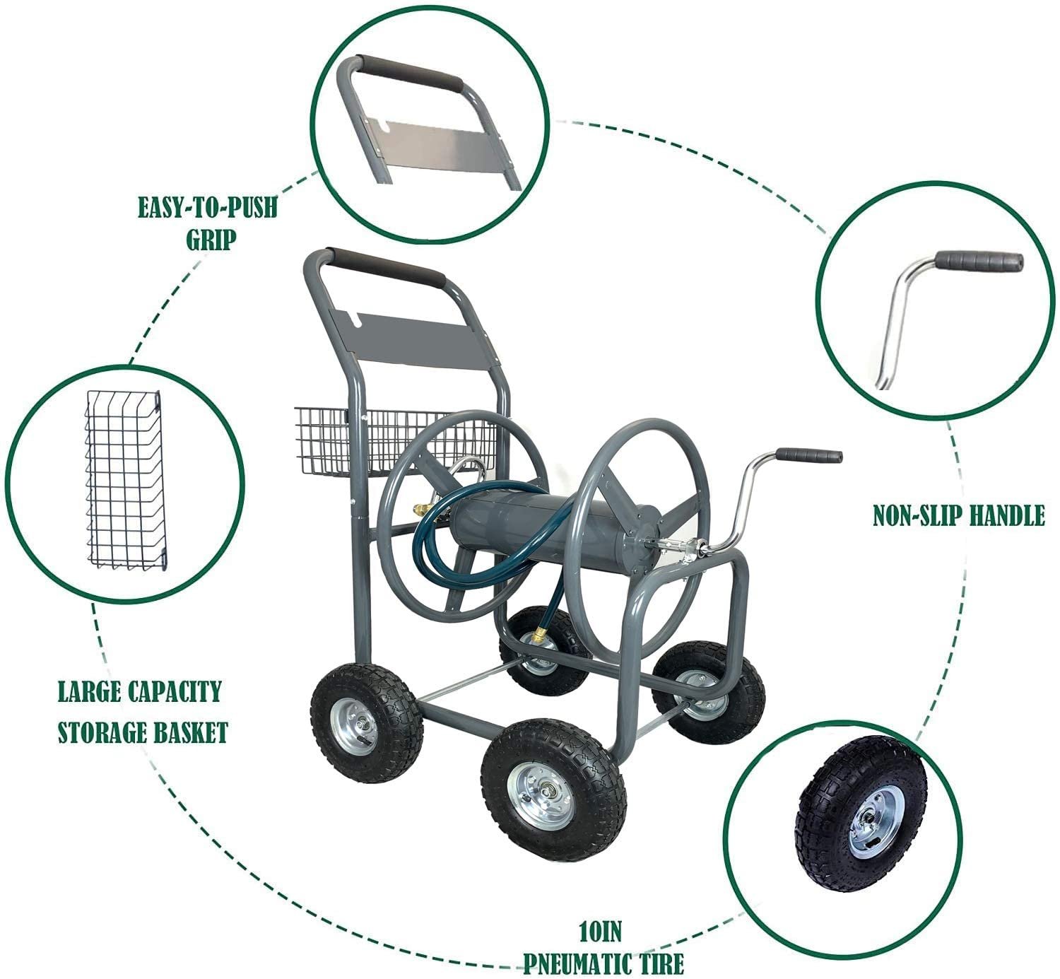 Ashman Online， Garden Hose Reel Cart - 4 Wheels Portable Garden Hose Reel Cart with Storage Basket.
