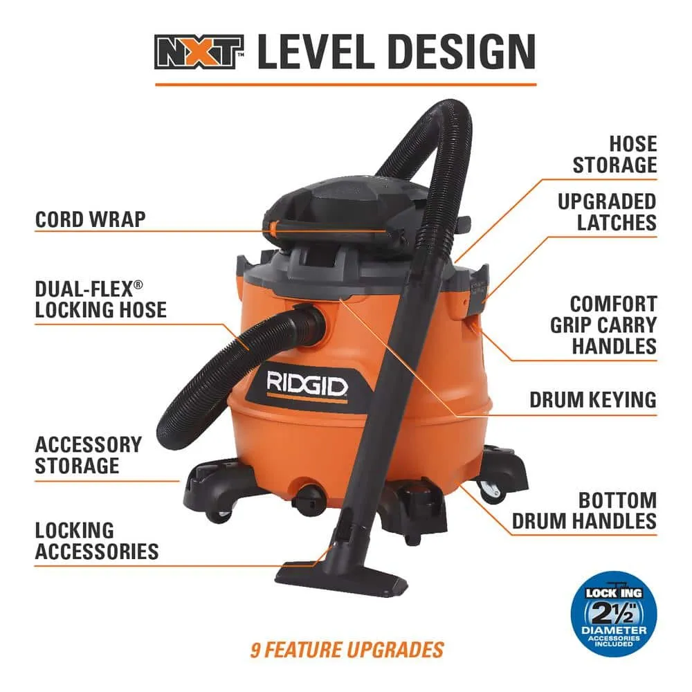 RIDGID 16 Gallon 6.5 Peak HP NXT Wet/Dry Shop Vacuum with Detachable Blower, Filter, Dust Bags, Locking Hose and Accessories HD1600B