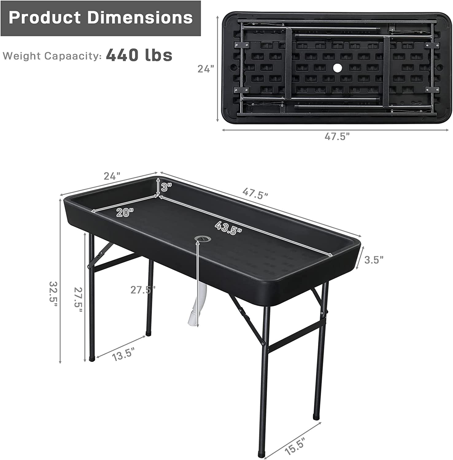 VINGLI 4 Foot Party Ice Cooler Folding Table， Portable Tailgate Camp Fishing Cleaning Table， Plastic with Matching Skirt， Ice Table for Party， BBQ， Camping，Picnic (Black)