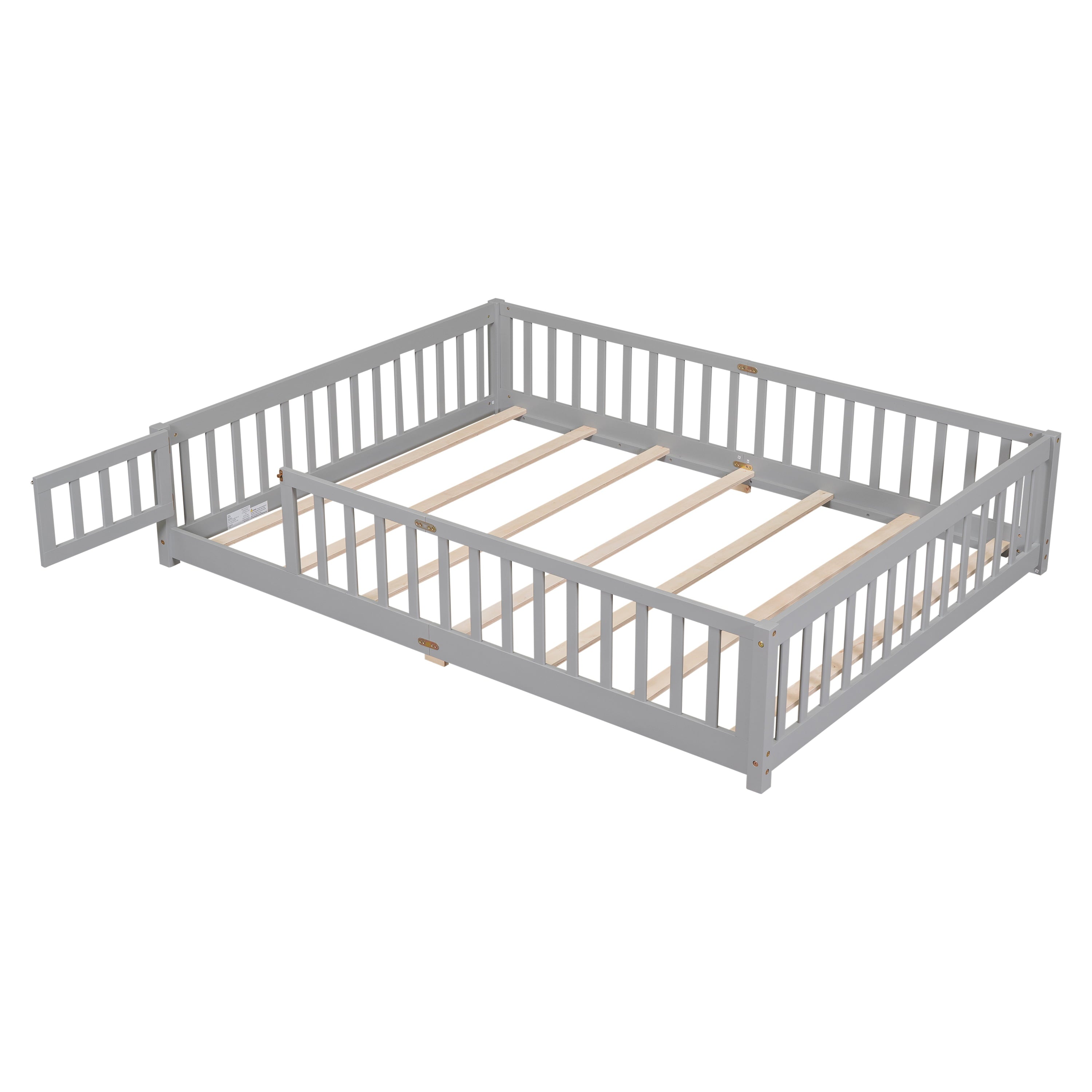 uhomepro Queen Size Wood Floor Bed Frame with Fence and Door for Kids, Toddlers, Gray