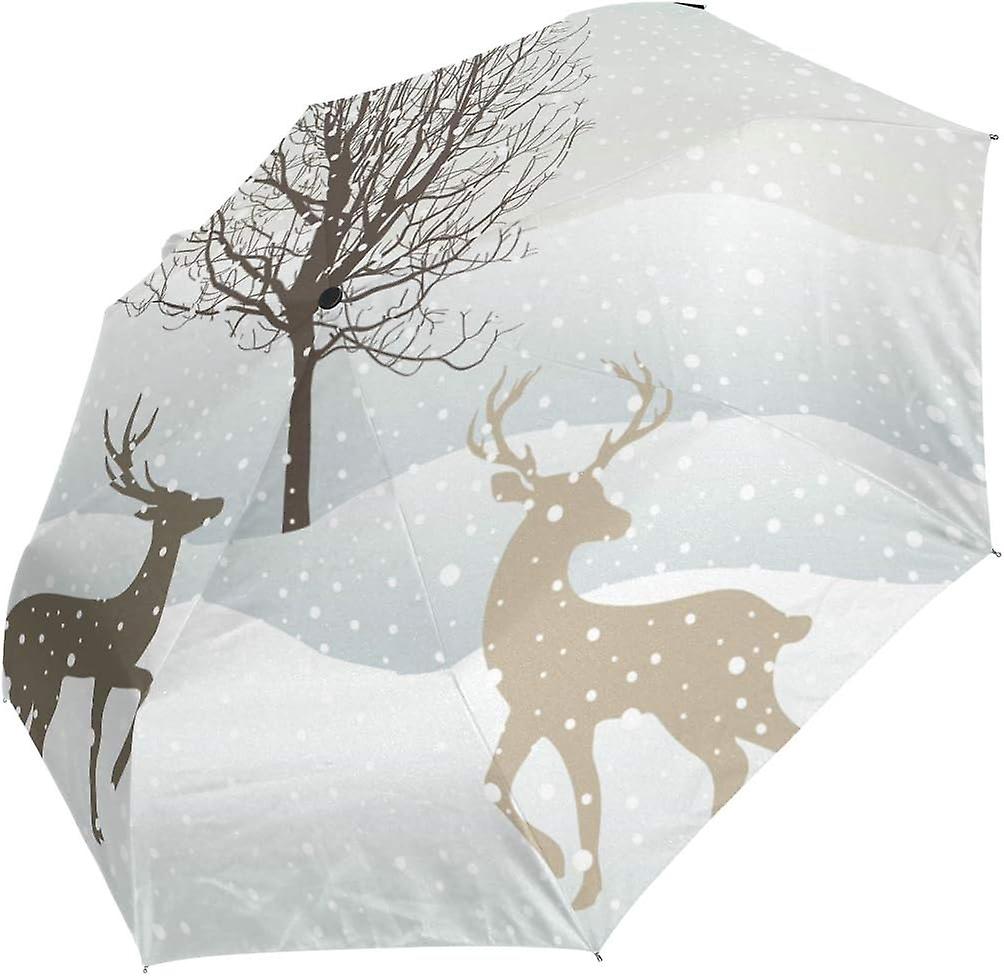 Travel Umbrella Automatic Windproof Foldable Umbrella Deers In Snowy Landscape