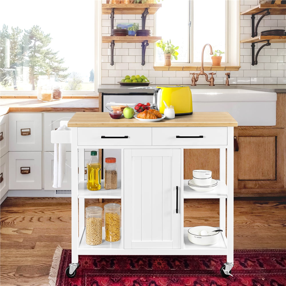 Topeakmart Mobile Kitchen Cart with Bamboo Top Kitchen Island on Wheels with Cabinet and Drawers and Towel Bar White