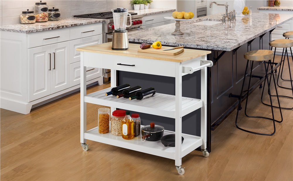 Yaheetech 3 Tier Rolling Kitchen Cart Island Cart on Wheels with Storage Shelf and Drawer Solid Wood Countertop， White