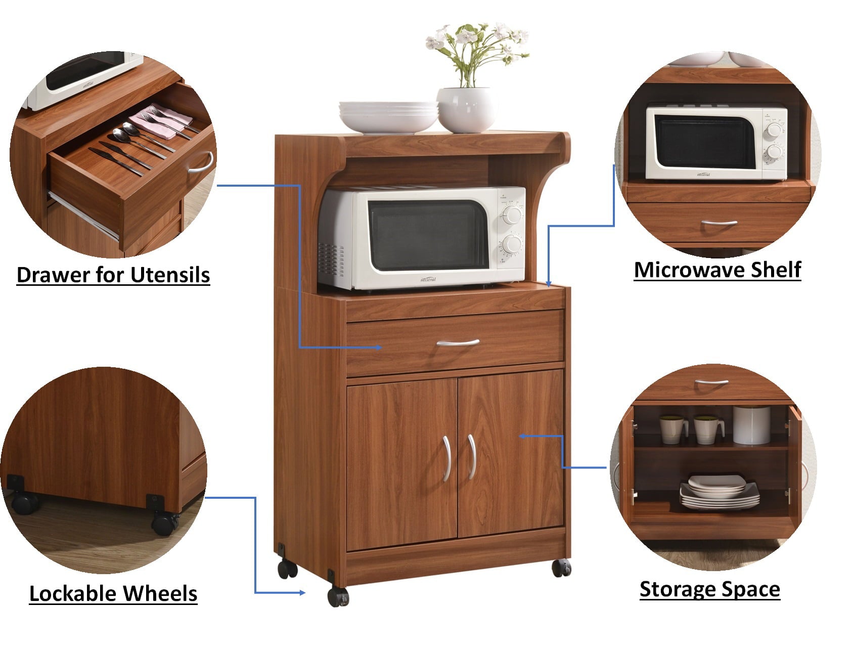 Hodedah Microwave Kitchen Cart， Cherry