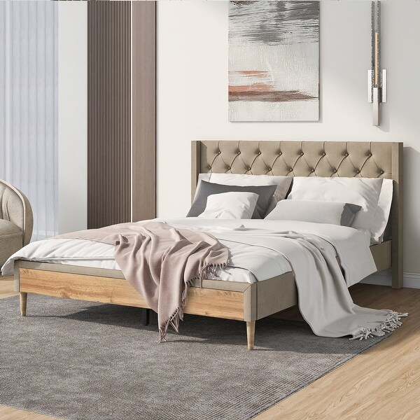 Queen Size Upholstered Platform Bed with Rubber Wood Legs and Button-Tufted Headboard， No Box Spring Needed， Linen Fabric