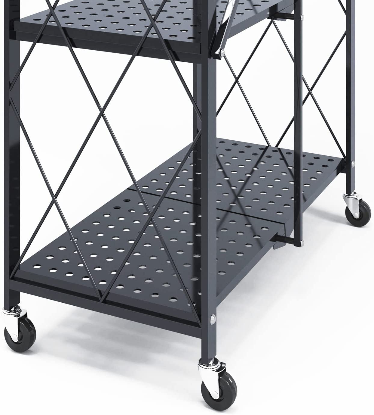 Soges 3-Tier Foldable Metal Storage Shelf Rolling Rack with Wheels Moving Utility Cart for Home Office Kitchen Garage， Black
