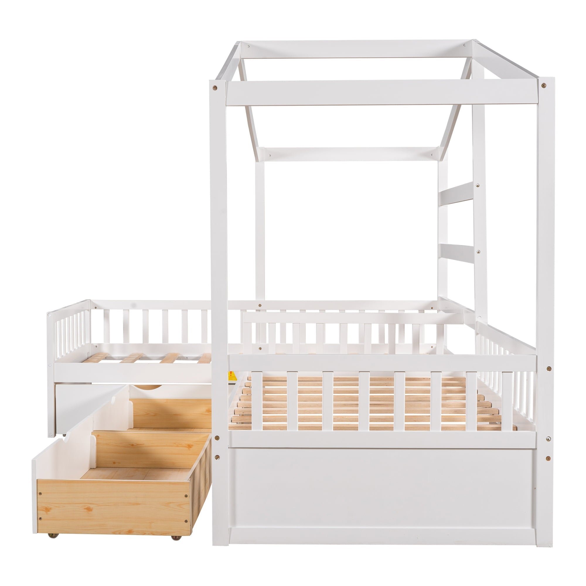 Wood Twin Double House Bed with Three Drawers for Kids, White