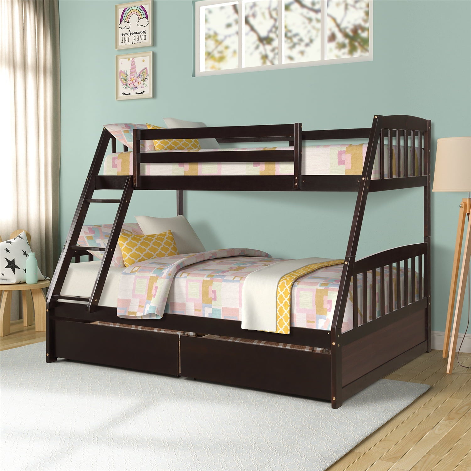 Twin Over Full Bunk Bed with Two Storage Drawers, Pine Wood Bed Frame and Ladder with Guard Rails for Toddlers, Kids, Teens, Boys and Girls, Espresso