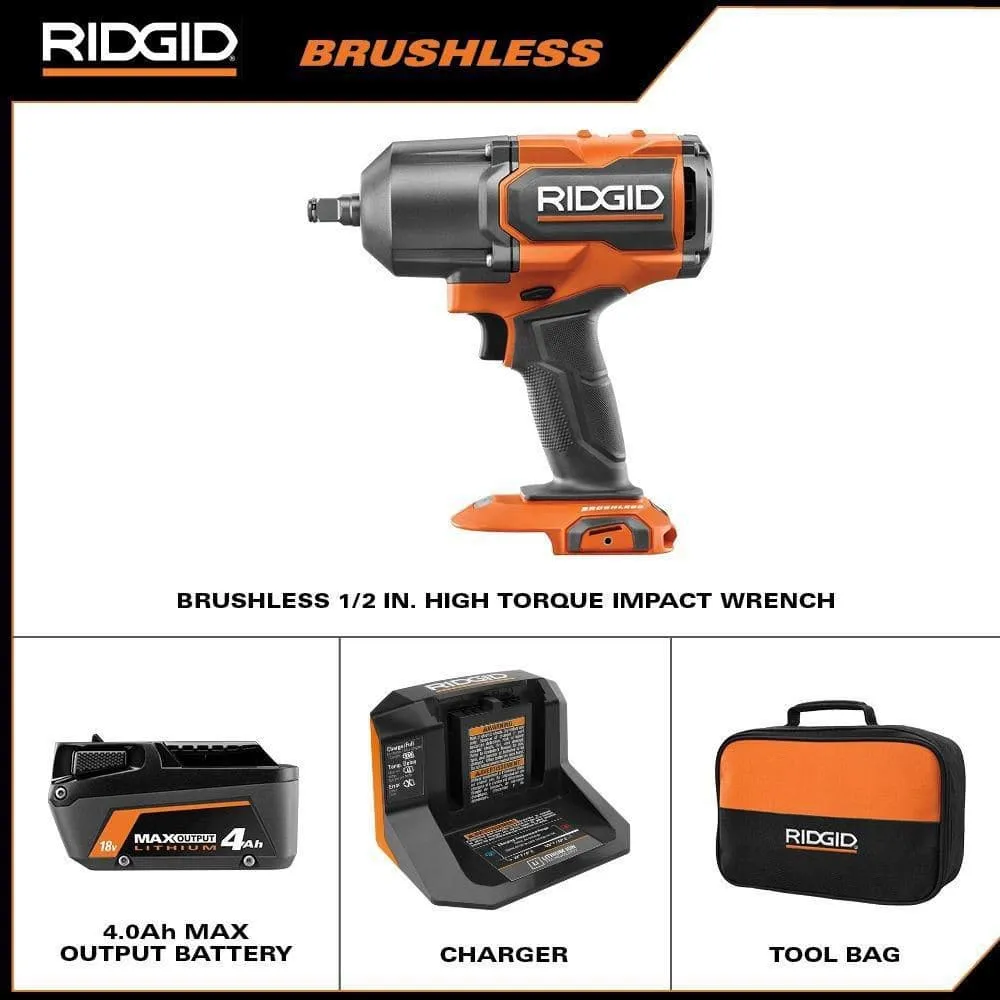 RIDGID 18V Brushless Cordless 4-Mode 1/2 in. High-Torque Impact Wrench Kit with 4.0 Ah Battery and Charger R86212KN