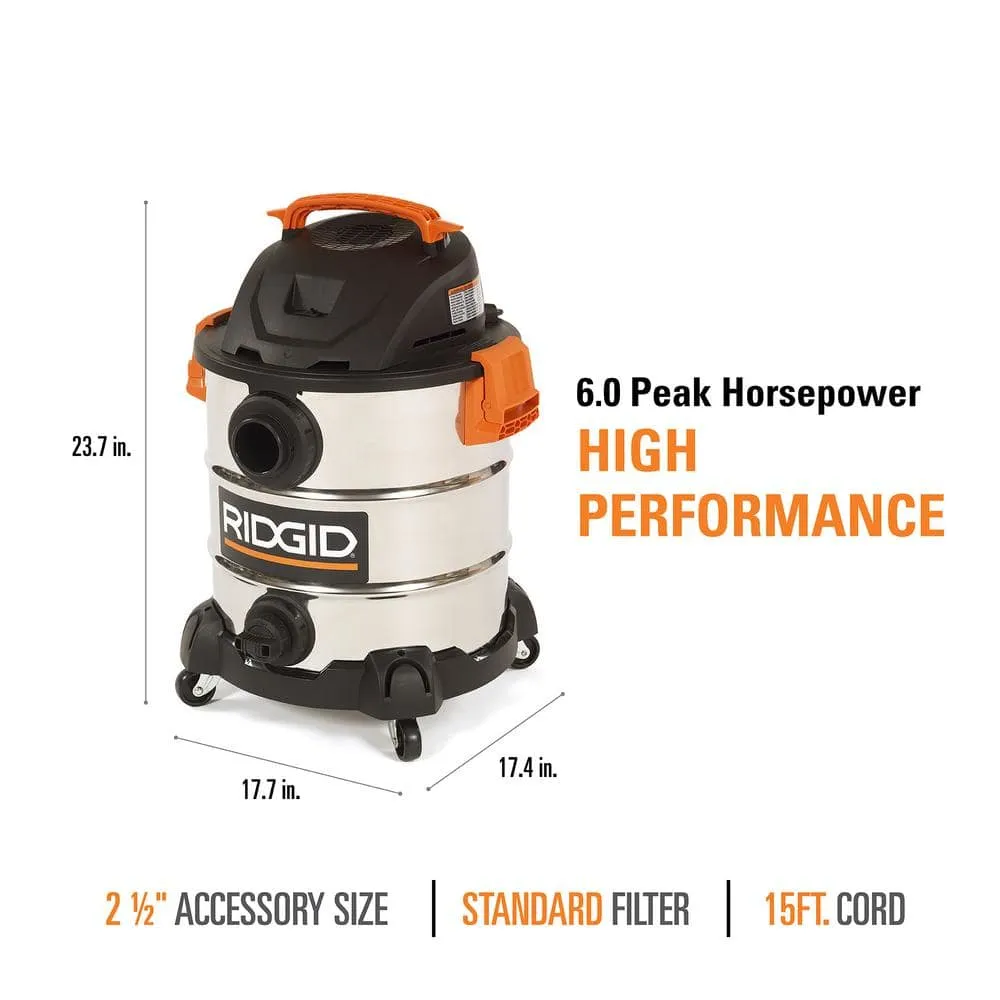 RIDGID 10 Gallon 6.0 Peak HP Stainless Steel Wet/Dry Shop Vacuum with Filter, Locking Hose and Accessories WD1060