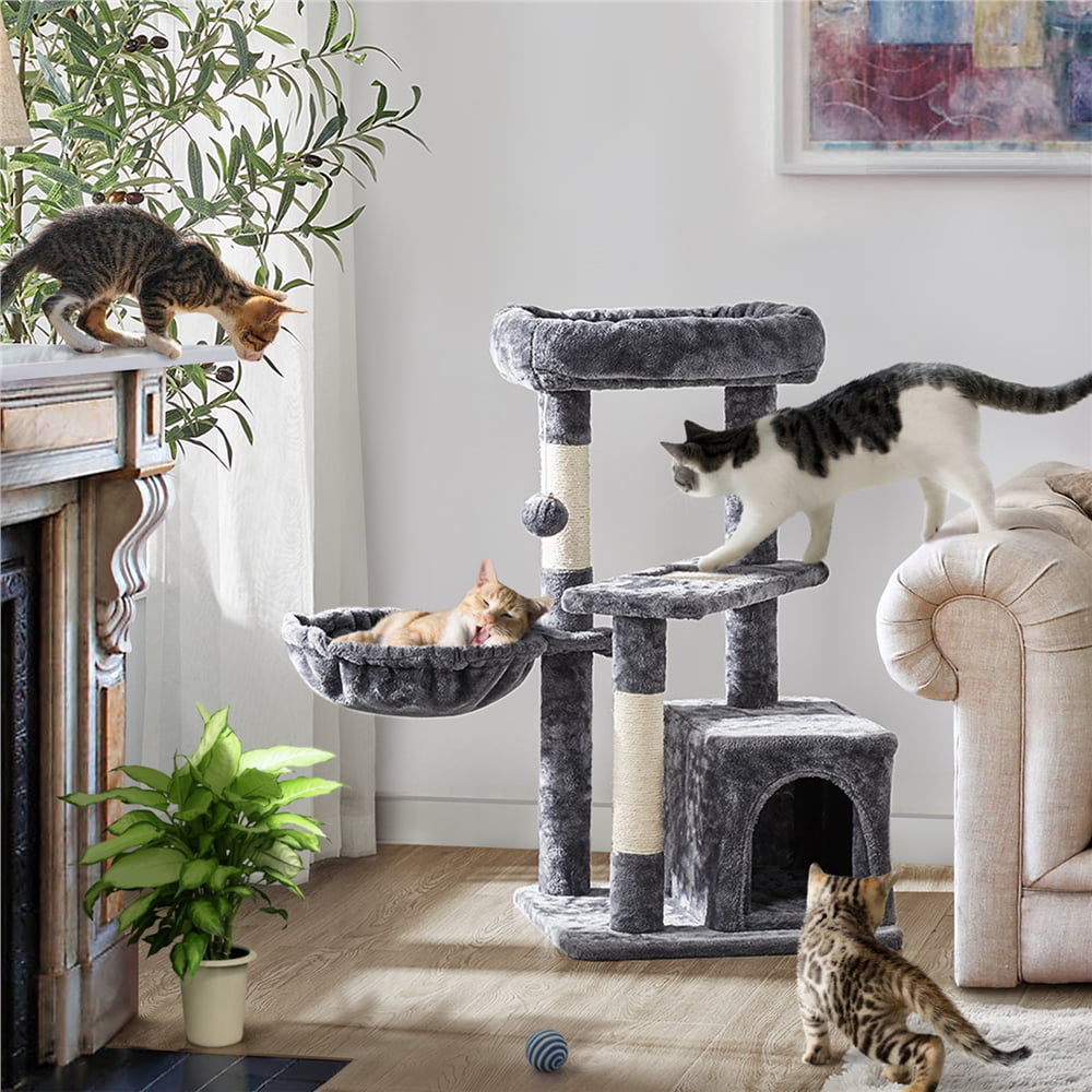 Topeakmart 33'' Cat Tree Condo Scratching Post Tower with Basket Sisal Ropes Posts， Dark Gray