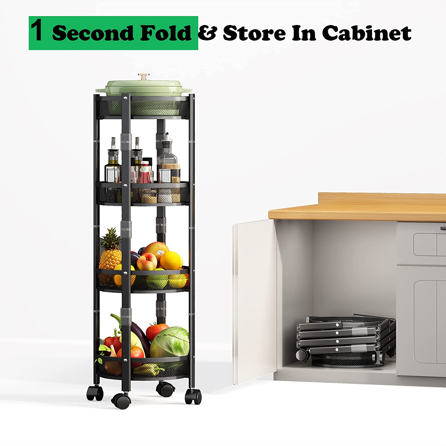 Collapsible Rolling Cart， 4-Tier Metal Storage Utility Cart for Kitchen Home Office Outdoor， Black