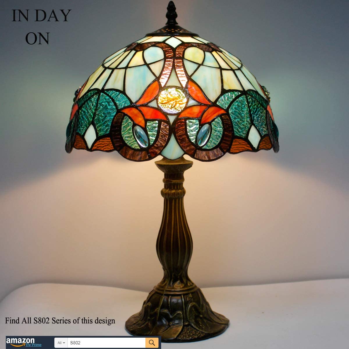 SHADY  Table Lamp Stained Glass Bedside Lamp Green Blue Floral Desk Reading Light 12X12X18 Inches Decor Bedroom Living Room Home Office S802 Series