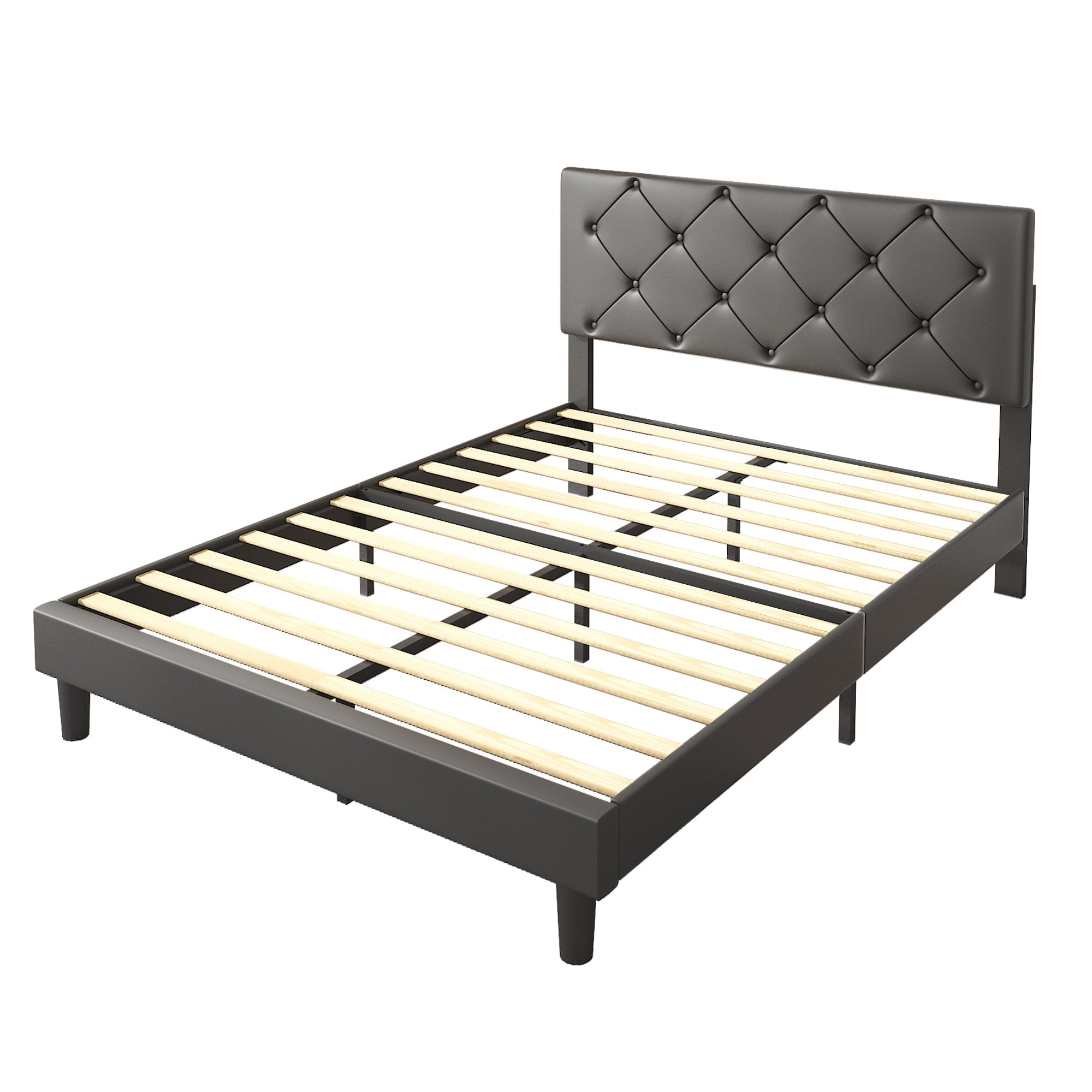 uhomepro Upholstered Platform Full Bed Frame for Adults Kids, Modern Black Full Bed Frame with Headboard, Wood Slat Support, Mattress Foundation, No Box Spring Needed