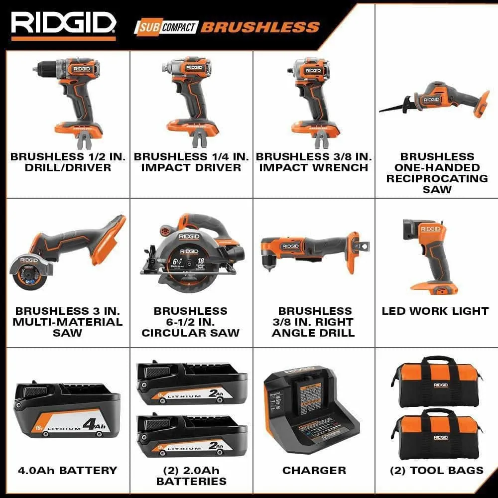 RIDGID 18V SubCompact Brushless Cordless 8-Tool Combo Kit with (2) 2.0 Ah Batteries, 4.0 Ah Battery, Charger, and Bag R96262N