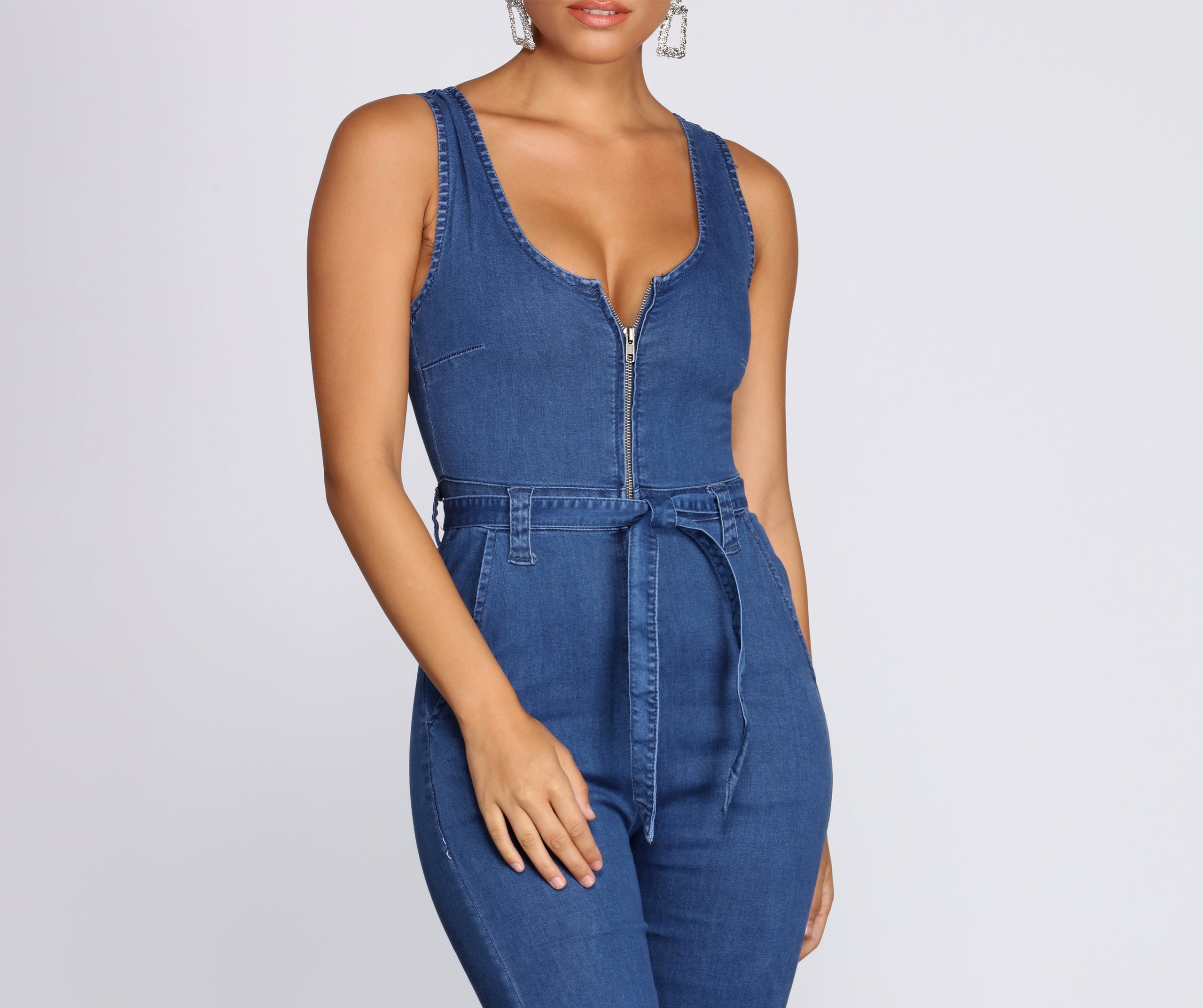 Zip Front Denim Jumpsuit