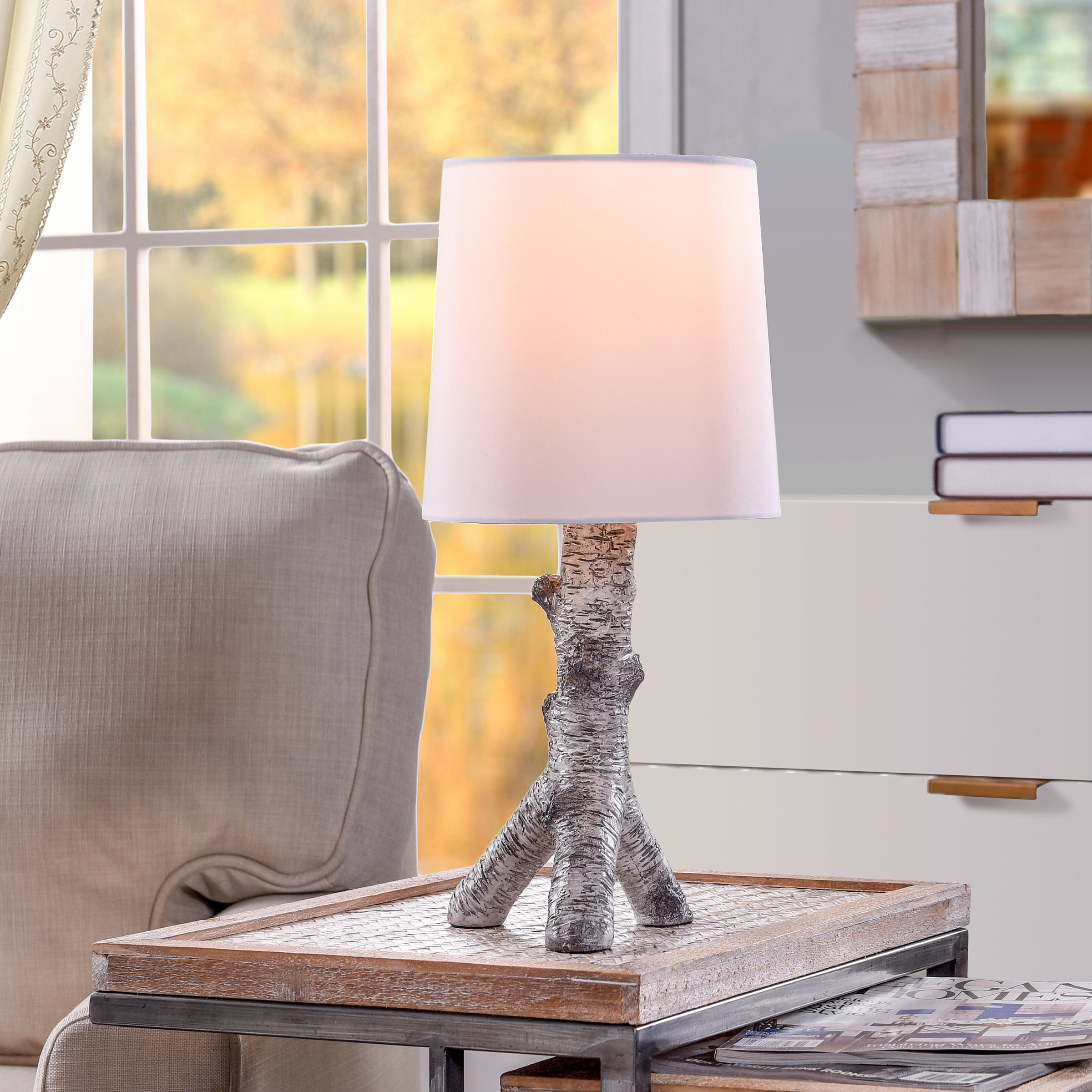Mainstays White Birch Branch Table Lamp with White Shade， bulb included， 17.25