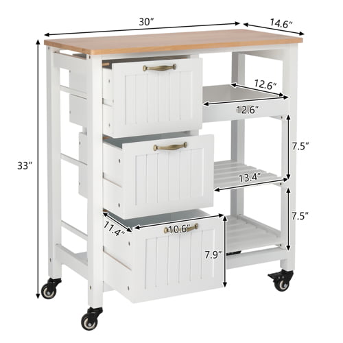 VINGLI Kitchen Island Rolling Storage Cart with 3 Drawer 3 Tier Holder Serving Bar Cart Coffee Bar Small Kitchen Microwave Trolley with Natural Solid Wood Top Caster Home Furniture， White