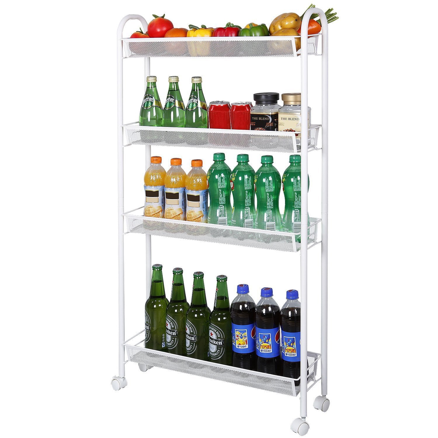 Zimtown 4-Tier Slim Rolling Cart， Kitchen Storage Organizer Mesh Wire Storage Carts with Lockable Wheels， White
