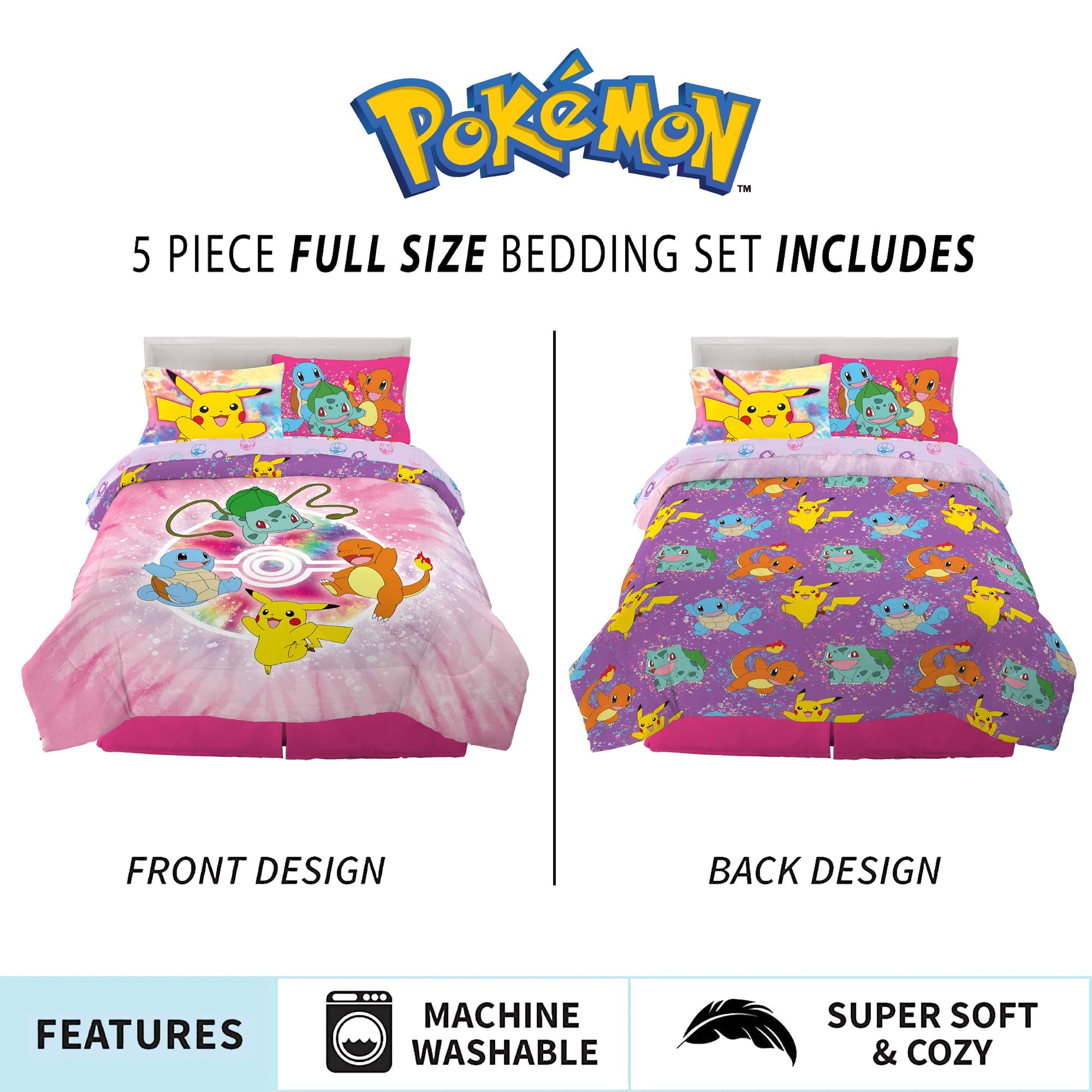 Pokémon Kids Full Bed in a Bag, Tie-Dye, Gaming Bedding, Comforter and Sheets, Purple