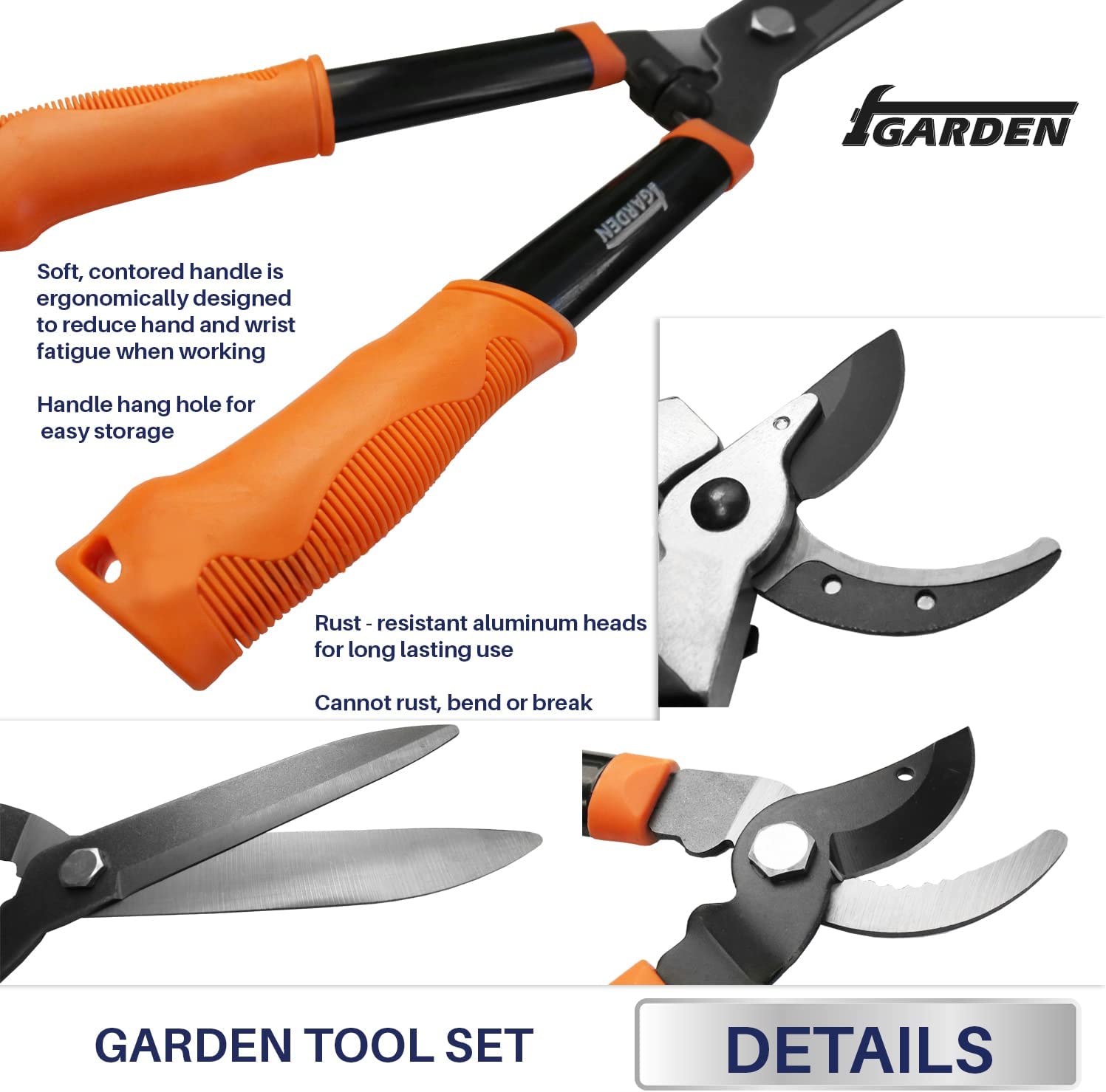 iGarden 3 Piece Combo Garden Tool Set with Lopper， Hedge Shears and Pruner Shears， Tree and Shrub Care Kit