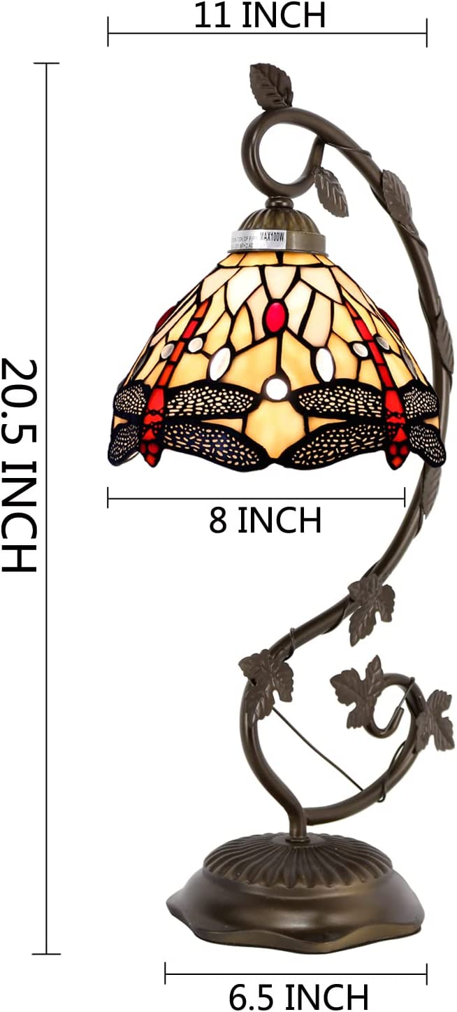 SHADY  Style Lamp Amber Stained Glass Dragonfly Table Lamp  Metal Leaf Base 8X10X21 Inches Desk Light Decor Small Space Bedroom Home Office S557 Series