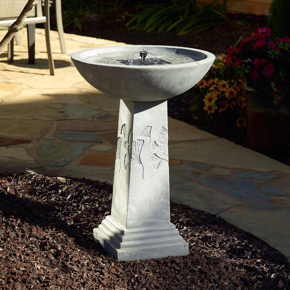 Smart Solar Ginkgo Weathered Stone Solar Fountain Birdbath 42601M01