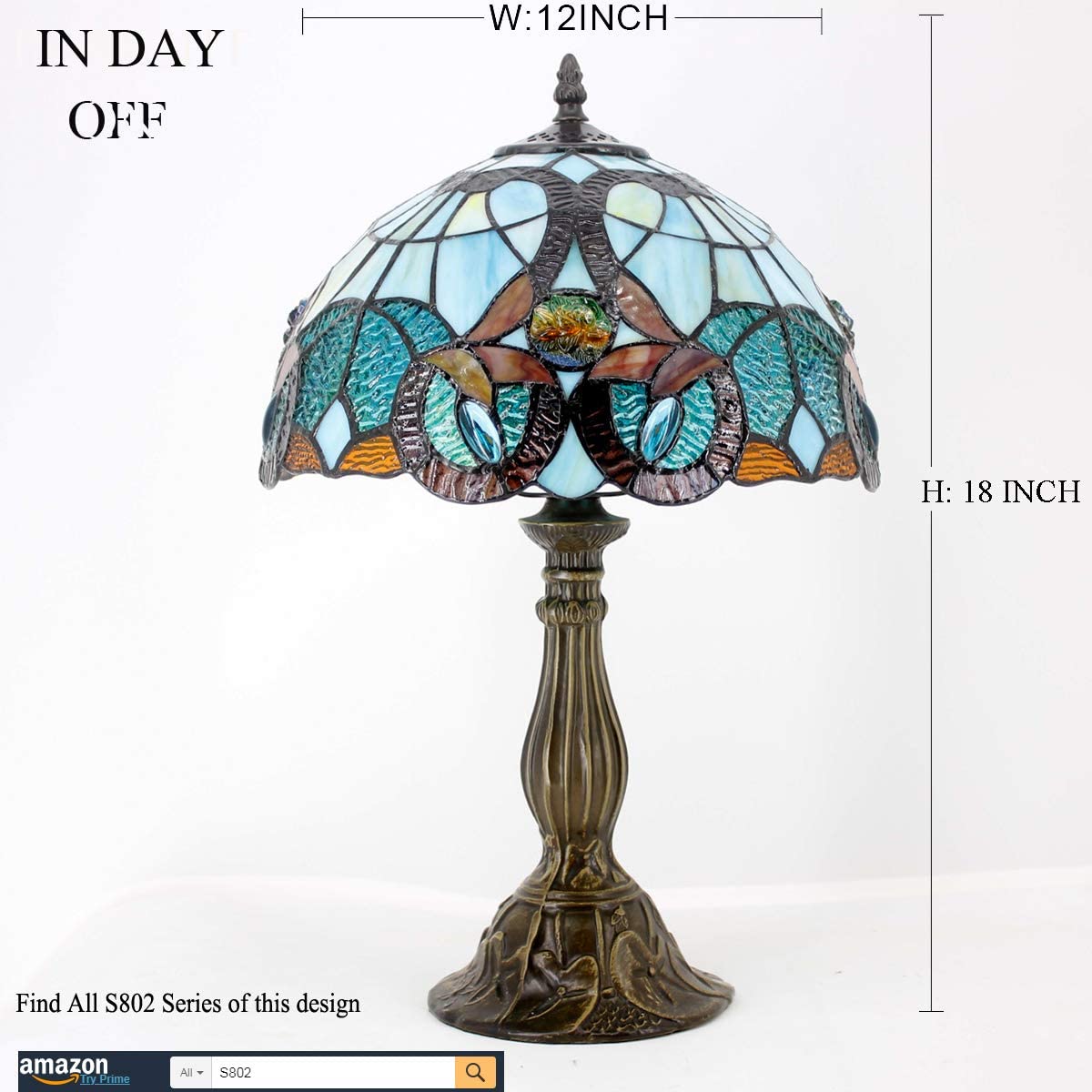 SHADY  Table Lamp Stained Glass Bedside Lamp Green Blue Floral Desk Reading Light 12X12X18 Inches Decor Bedroom Living Room Home Office S802 Series