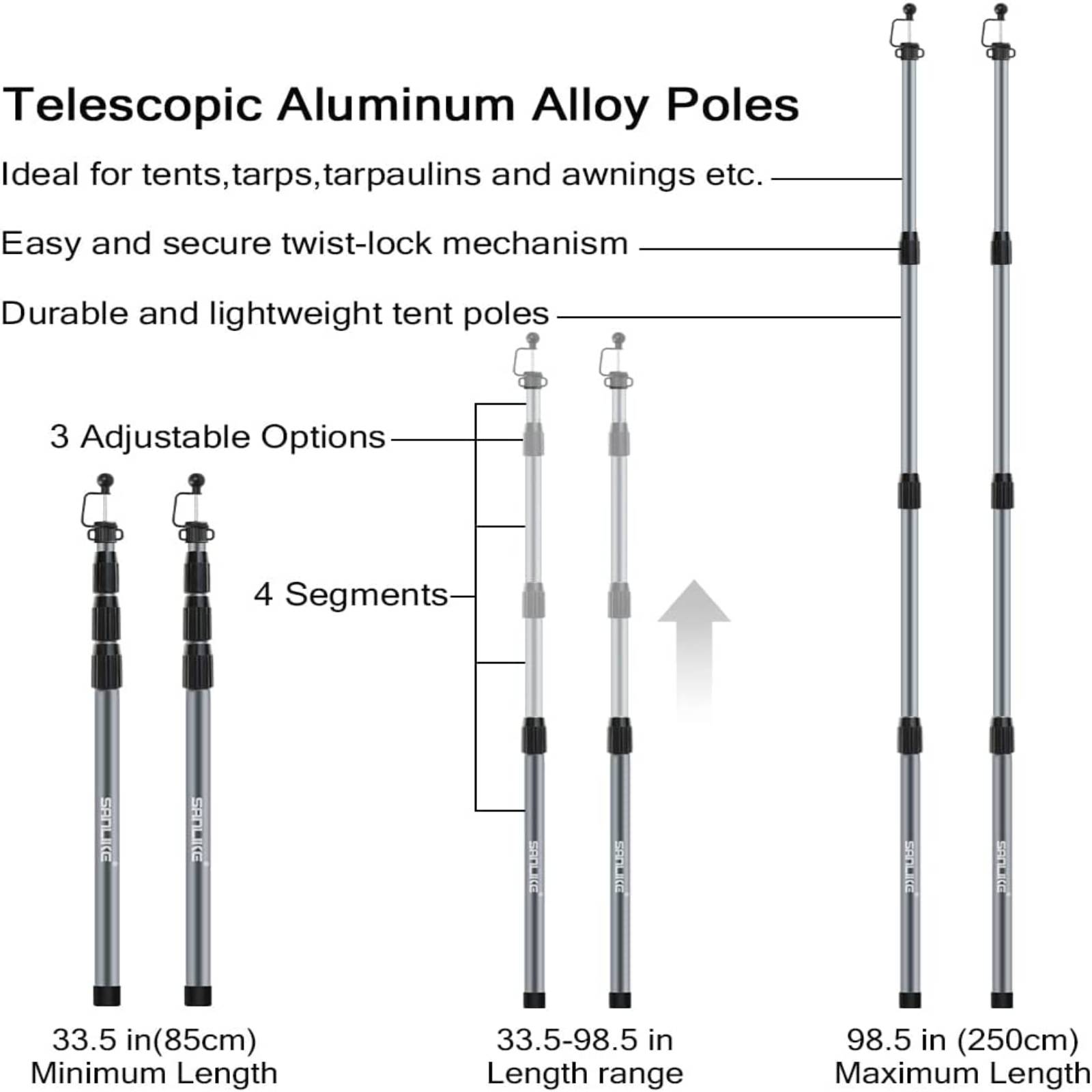 SAN LIKE Telescoping Tarp Poles 98.5in Aluminum Camping Tent Poles Camping poles for Hiking Lightweight Tent Poles for Tarp 4 Section Adjustable Tent Accessories Set of 2 &1 Bag