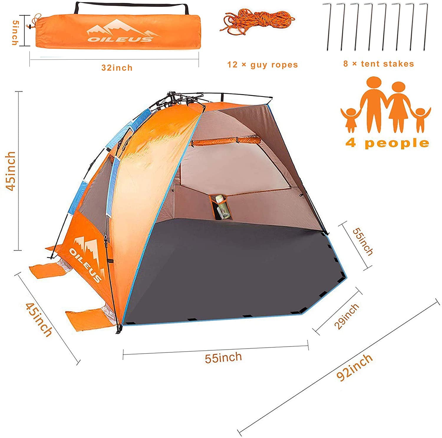 Oileus Beach Tent X-Large 4 Person Tent Sun Shelter， Pop Up Tents for Beach with Carry Bag， Portable Sun Shade， Stakes， 6 Sand Pockets， Anti UV for Fishing Hiking Camping， Waterproof Windproof， Orange